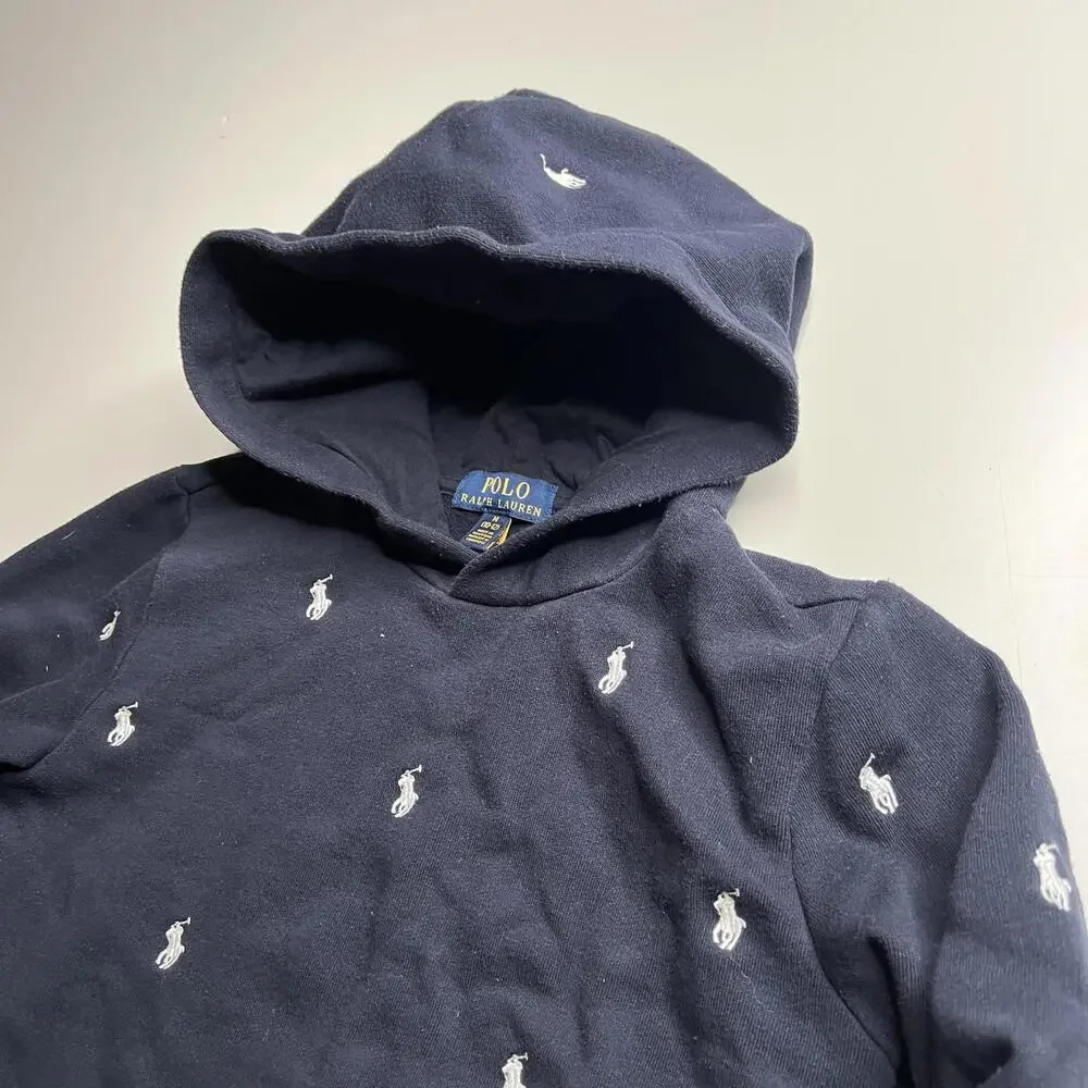 Polo Ralph Lauren Hoodie Boys 10-12 Blue Fleece Allover Pony‎ Logo Pullover